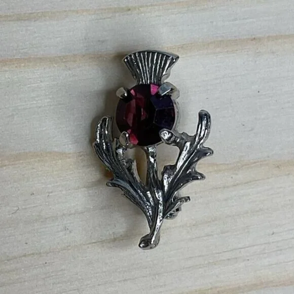 Scottish Thistle Brooch Pin With Purple Gemstone Accent - Picture 2 of 5